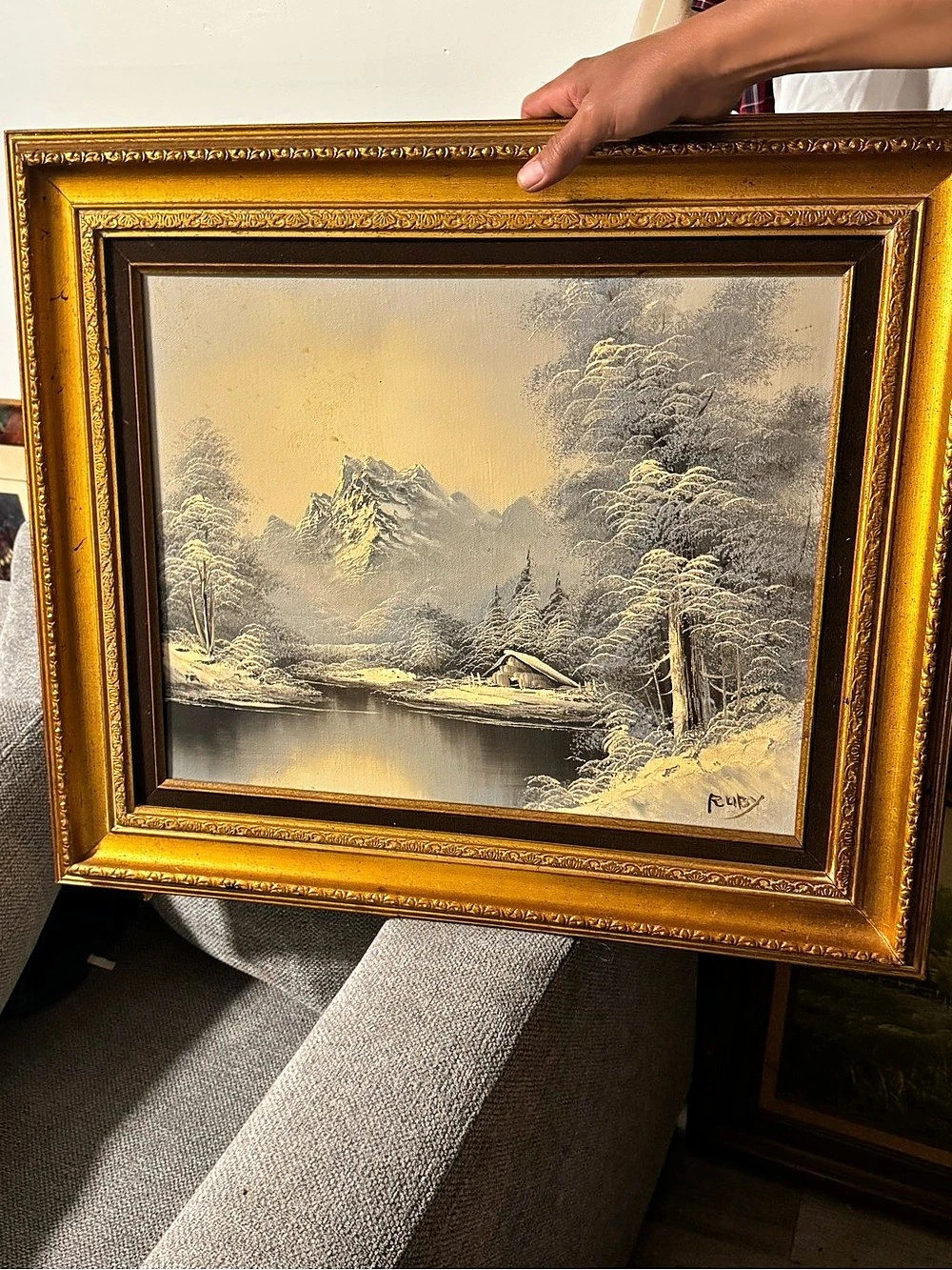 Signed "Ruby" Winter Mountain Landscape Oil Painting Gold Frame